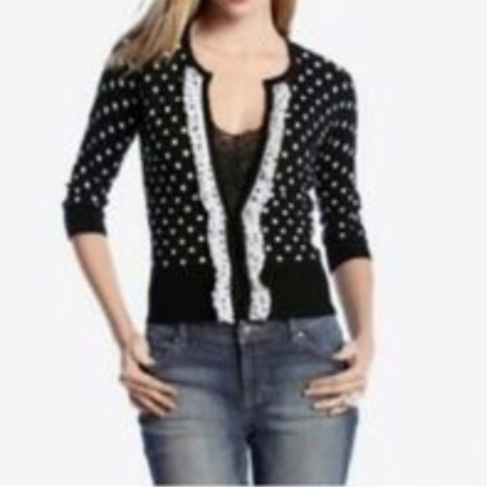 White House Black Market Black Polka Dot Cardigan with White Trim